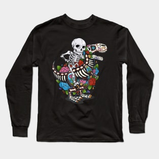 Skeleton Riding Dinosaur T rex dia de los muertos Long Sleeve T-Shirt